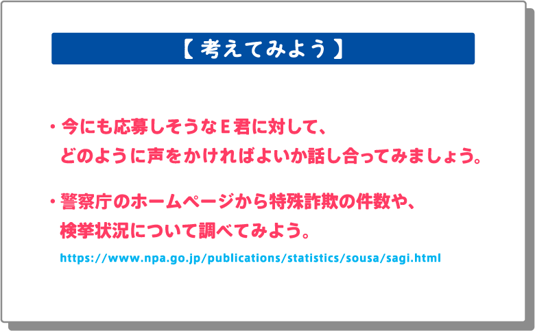 ・今にも応募しそうなE君に対して、どのように声をかければよいか話し合ってみましょう。・警視庁のホームページから特殊詐欺の件数や、検挙状況について調べてみよう。https://www.npa.go.jp/publications/statistics/sousa/sagi.html