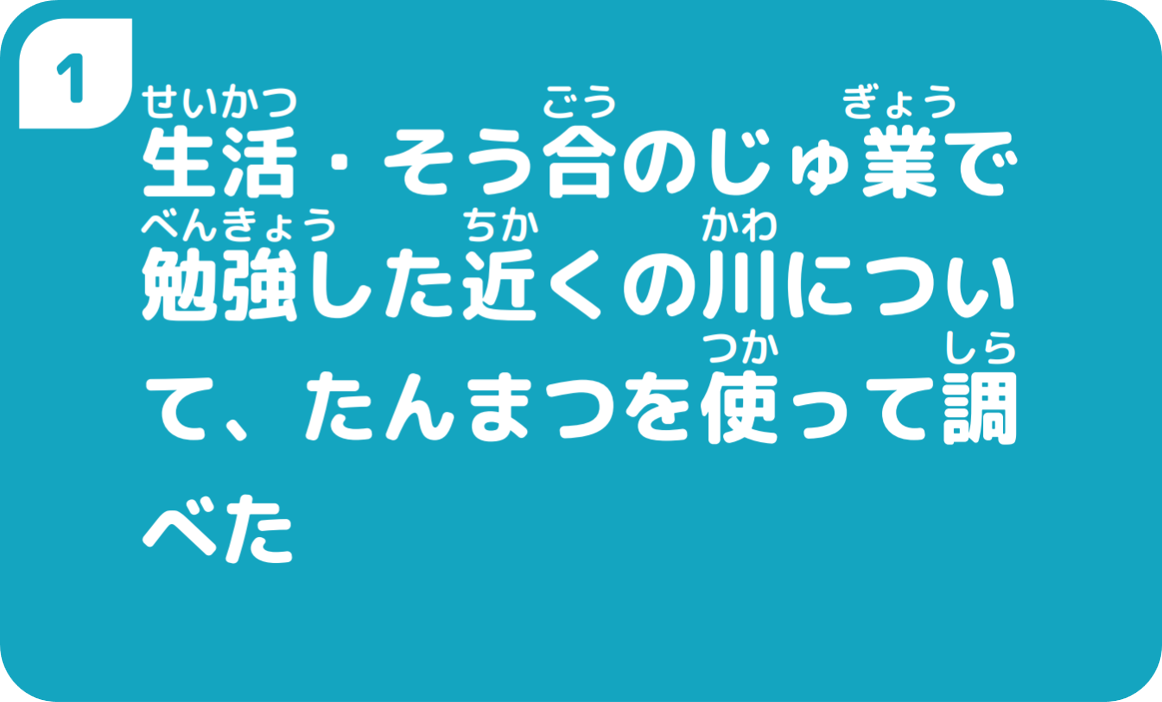 １生活・そう合のじゅ業で勉強した近くの川について、たんまつを使って調べた